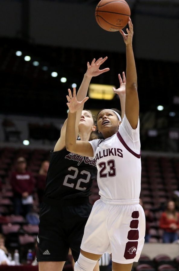 Saluki guard Kristen Nelson goes for the basket just past the reach of Lady Bears guard Alexa Willard on Friday, January 17, 2020, during the Salukis dramatic 70-68 victory over the Missouri State Lady Bears inside the Banterra Center.