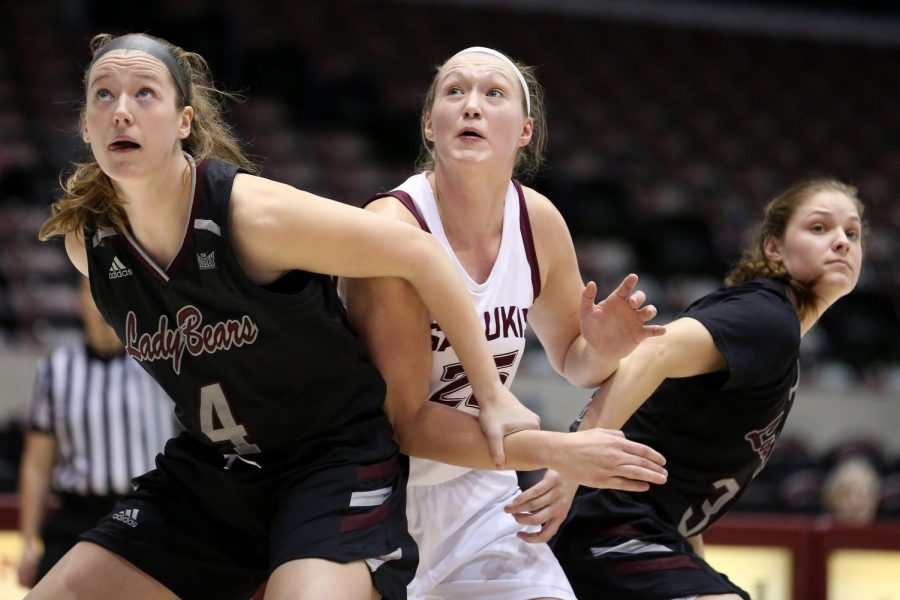 Saluki forward Abby Brockmeyer is caught between Lady Bears forward Abby Hipp, left, and guard Sydney Manning on Friday, January 17, 2020, during the Salukis dramatic 70-68 victory over the Missouri State Lady Bears inside the Banterra Center.
(Angel Chevrestt)