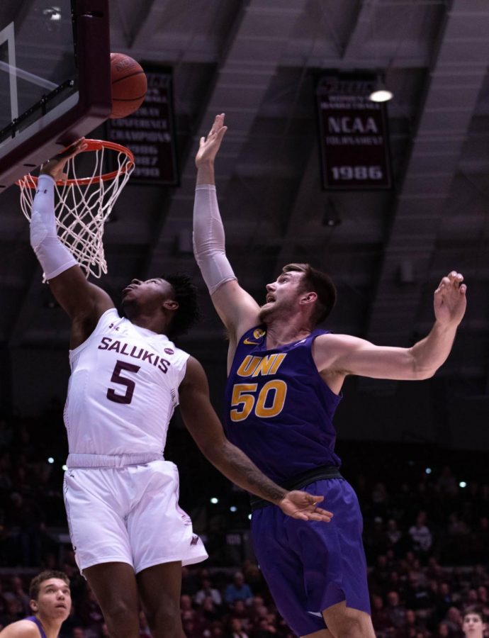 Saluki Freshman gurd Lance Jones goes for a basket during the Southern Illinois University vs University of Nothern Iowa  Wednesday January 22, 2020 game in SIU's Bantera Arena. The game ended at 68 SIU and 66 UNI. The game ended at 68 SIU and 66 UNI.