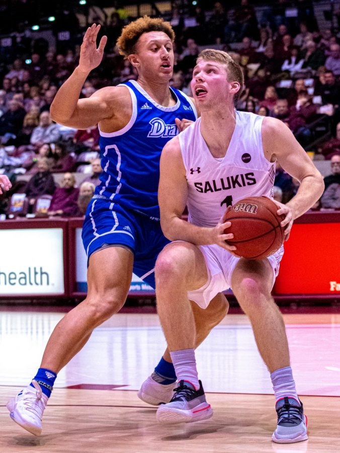 Salukis forward Marcus Domask starts his jump for the rim as the Salukis would go on to win 66-49  over the Drake Bulldogs on Sunday, Jan. 19, 2020 in the Banterra Center. 