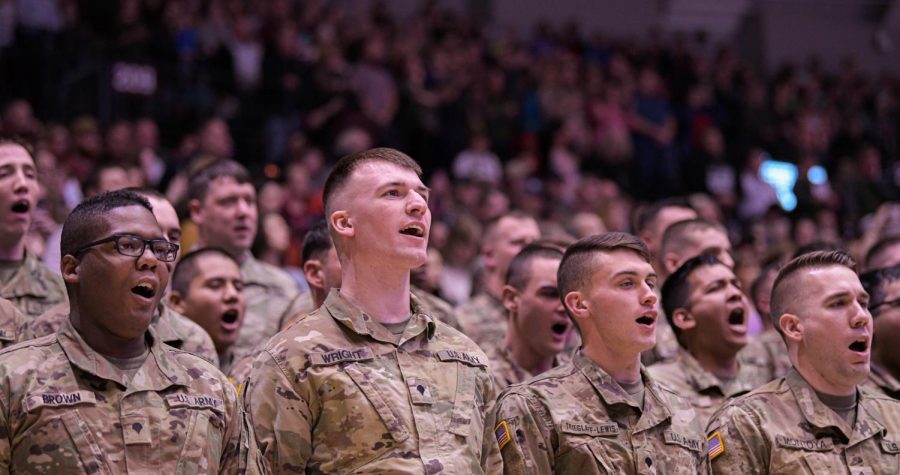 Members of the Illinois National Guard 2nd Battalion 130th Infantry Regiment sound off during the mobilization ceremony on Tuesday, Jan. 21, 2020 in the Banterra Center in Carbondale, IL. 