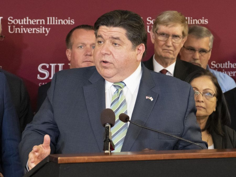Illinois Gov. J.B. Pritzker holds a press conference at the SIU communications building in Carbondale on Tuesday, January 21. Pritzker spoke about plans for the new communications building, as well as his Rebuild Illinois plan.