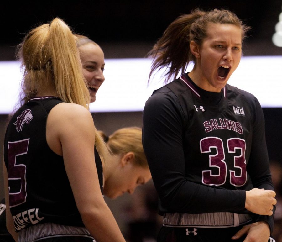 Rachel Pudlowski and the rest of the Salukis bench gets fired up during  the game vs. the Redbirds. The Salukis would go on lose 62-54 to Illinois State on Friday, Jan. 31, 2020 in the Banterra Center.  