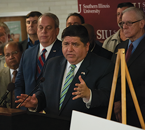 Illinois Governor JB Pritzker addresses a crowd at the SIU mass communication building.
(1-21-20)