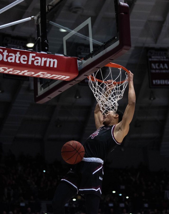 Southern Illinois Salukis  Senior Guard Eric McGill dunks the ball in the game against Lyola Ramblers 68 to 63 in the Wednesday January 29, 2020 game at the SIU Bantera Arena.