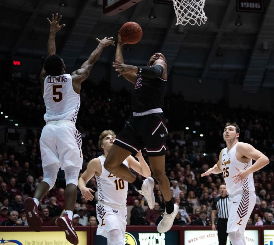 Southern Illinois Salukis  Guard Karrington Davis goes for a basket in the game against Lyola Ramblers 68 to 63 in the Wednesday January 29, 2020 game at the SIU Bantera Arena.