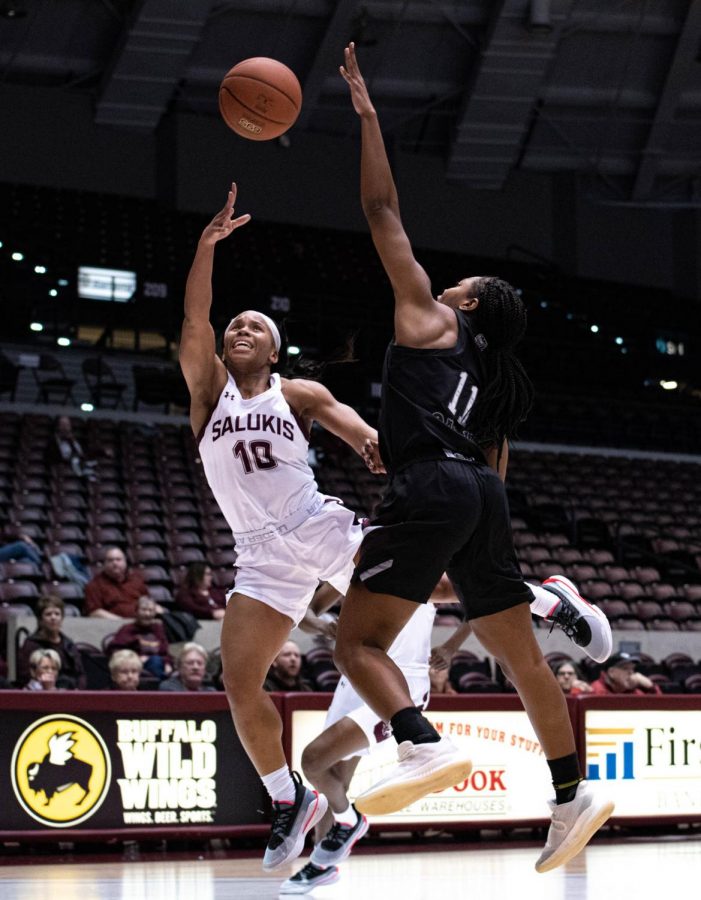 Southern Illinois Salukis Senior guard, Brittney Patrick, defends against Missouri State Bears against Junior guard, Brice Calip, during the Friday evening Womans Basketball game ending the game with Salukis taking the win 70 to 64 at the Bantera Arena on January 17, 2020.