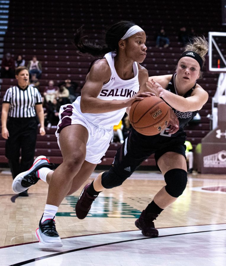 Southern Illinois Salukis Senior guard, Brittney Patrick, defends against Missouri State Bears during the Friday evening Womans Basketball game ending the game with Salukis taking the win 70 to 64 at the Bantera Arena on January 17, 2020.