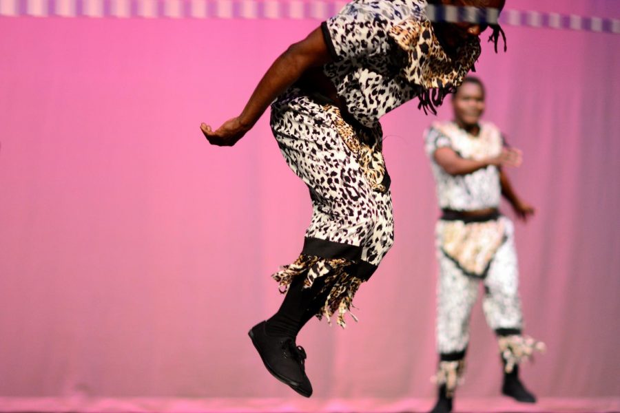The Zuzu Acrobats perform traditional Kenyan acrobatic skills at the Shyrock Auditorium as part of the kickoff events for Black History Month on Monday, February 3, 2020, Carbondale, Illinois.  