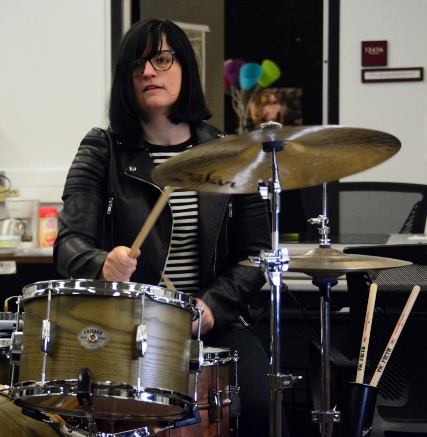 Kendra blank from the band North by North, play in the Daily Egyptian’s newsroom, at SIU, on February 28, 2020. 