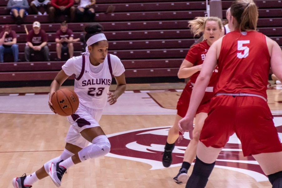 Guard Kristen Nelson flies down the floor in a game against Bradley, SIU takes the win 60-54.