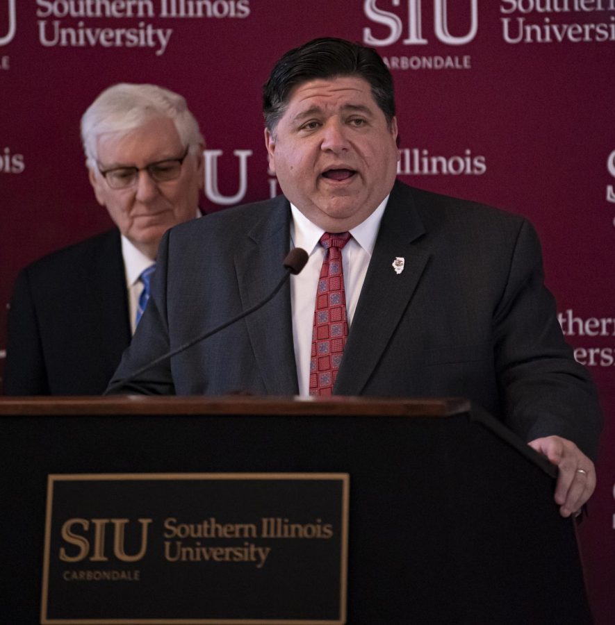 Gov. J.B. Pritzker addresses the crowd during his visit at SIU to announce the launch of a new Department of Children and Family Services training center at SIU in partnership with the School of Medicine on Thursday, Feb. 27, 2020 at the Student Services building at SIU. 