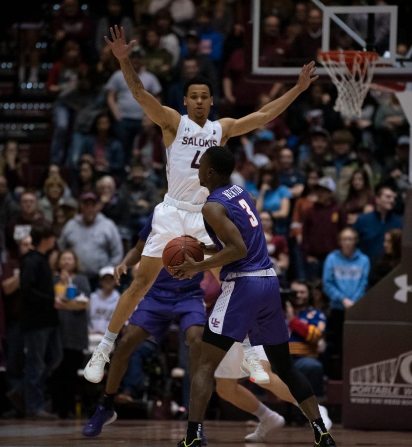 Southern Illinois University Saluki number four guard, Eric McGill, blocks an opposing teams pass during the basketball game against the Evansville Purple Aces in the SIU Banterra Center. The game ended 53 to 70 with SIU taking the win on Thursday night, February 20, 2020.
