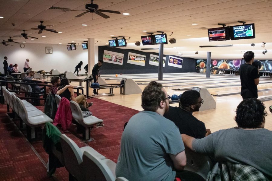 Students and community members enjoying the SIU Student Center Bowling Alley on Wednesday night for Dollar Night Bowling on February 6, 2020.