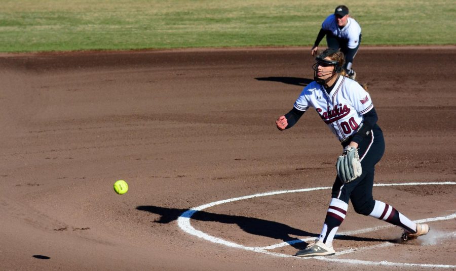 Pitcher Carlee Jo Clark pitches the ball, Saturday, February 29, 2020 during the Salukis 4-3 win against Creighton at Charlotte West Stadium.
