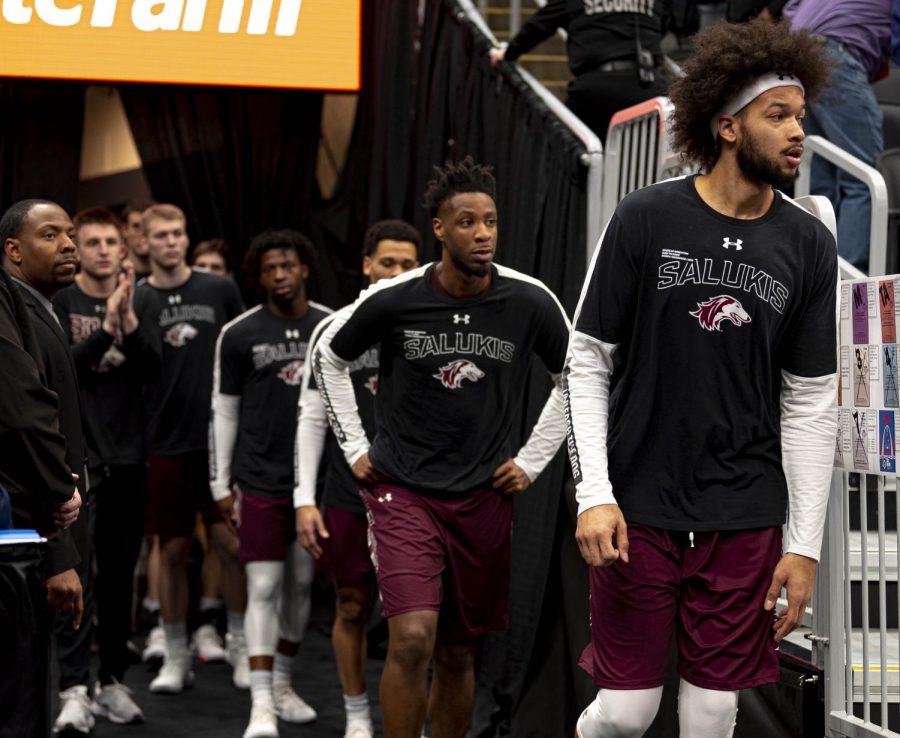 Southern Illinois Salukis prepare to take the court for the Arch Madness in St. Louis at the  Enterprise Center on Friday, Mar. 6, 2020. 