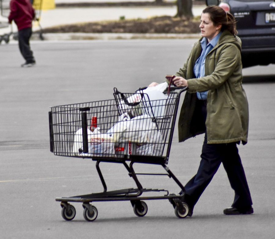 A woman pushes her groceries through the Jewel-Osco parking lot in Niles, Illinois on March 20. Governor Pritzker announced a stay-at-home order to start March 21 at 5 p.m. because of the spreading COVID-19 pandemic.