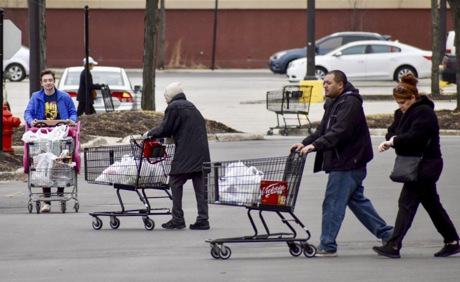 Shoppers at Jewel Osco in Niles, Illinois scramble to stock up on supplies as Governor Pritzker announces a stay-at-home order for the entire state of Illinois on March 20. The Illinois Department of Health announced 163 new cases of COVID-19 overnight in the state.