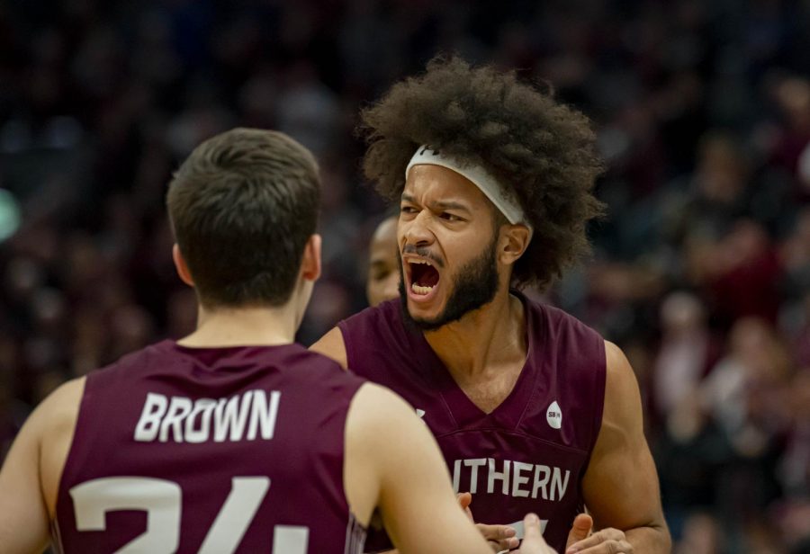 SIU center Barret Benson gets loud after a foul call was called in favor of the Salukis during the loss to Bradley during Arch Madness on Friday, Mar. 6, 2020 at the Enterprise Center in St. Louis. 