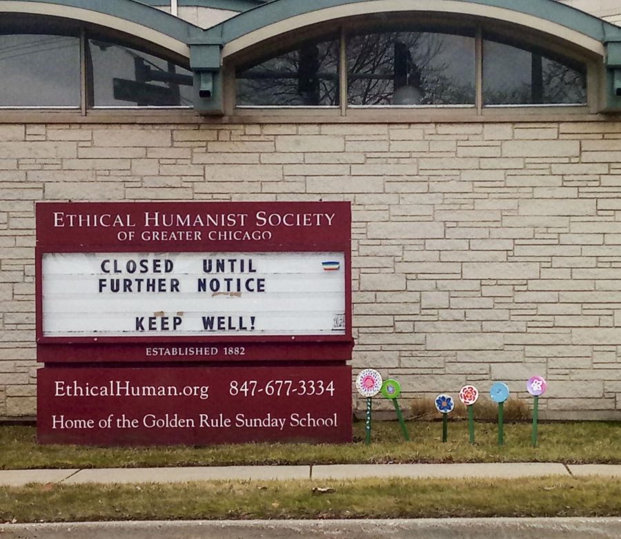The Ethical Humanist Society of Greater Chicago announces they are closed on their exterior sign March 20 in Skokie, Illinois. Many places of worship across Chicago have announced closings, including the Archdiocese of Chicago, who cancelled all Easter masses yesterday. 