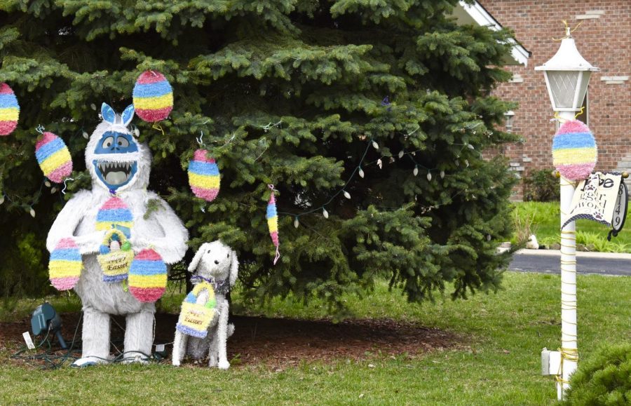 Tinsel Easter decorations are displayed in front of a house on Grace Avenue in Niles, Illinois on Sunday, April 12.