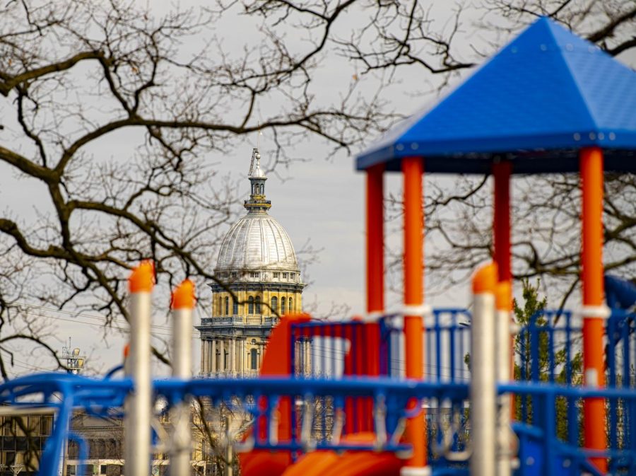 Illinois Gov. J.B. Pritzker issued a stay at home order effective March 21 that barred childrens access to playground equipment in order uphold the CDCs recommended social distancing practice to prevent further spread of the Coronavirus on Sunday, Apr. 5, 2020 in Douglas Park in Downtown Springfield, Illinois.  