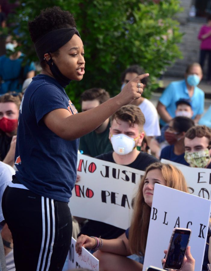 Protester encourages others at a Black Lives Matter protest, June 4, 2020, Anna, IL. 