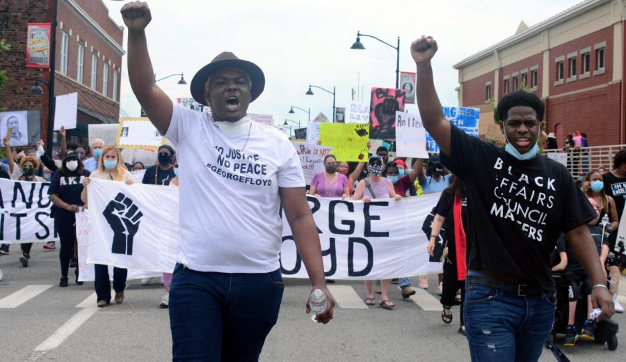 Michael Coleman and Travis Washington, lead the Black Lives Matter march Friday, June 5, 2020 down South Illinois Ave.
