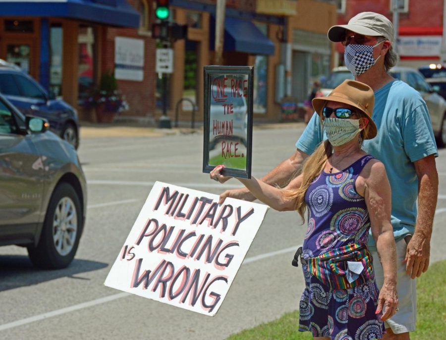 Randy Osborn and Lori Senteney, rallying against police brutality and advocating for social equality at the Peace and Justice monthly vigil held by the Peace Coalition of Southern Illinois, Saturday, June 6, 2020, Carbondale, ILL. 