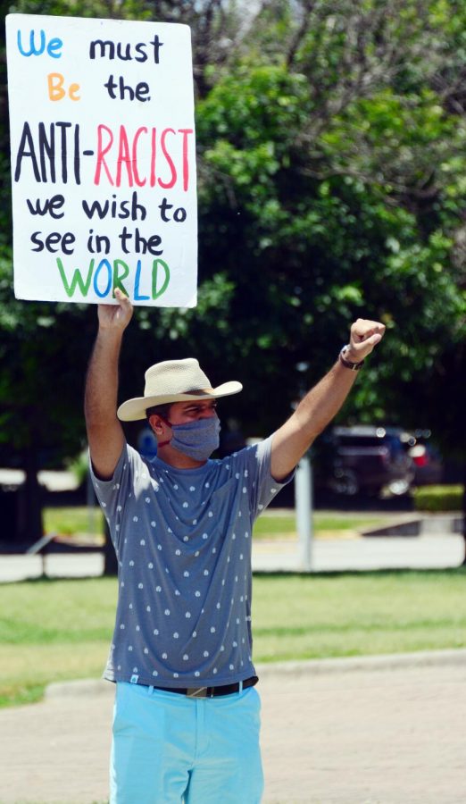 Mehran Mustafa, rallying for the Black Lives Matter movement at the Peace and Justice monthly vigil held by the Peace Coalition of Southern Illinois, Saturday, June 6, 2020, Carbondale, ILL. 