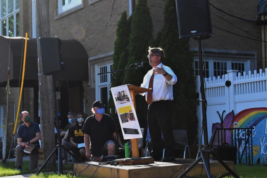 “As much as we all want to get back to what we thought was normal, maybe that’s not good enough. Maybe normal needs to change.” Mayor of Park Ridge, Marty Maloney, addresses attendees of the vigil Tuesday June 2. 2020 in Park Ridge Ill. 