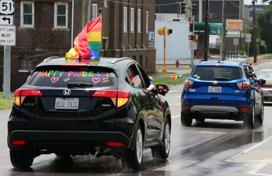 Participants of the 2020 drive-thru Pride parade. Due to Covid-19, Pride this year was celebrated as a drive thru march down Route 13 and South 51, June 28, 2020, Carbondale, ILL.