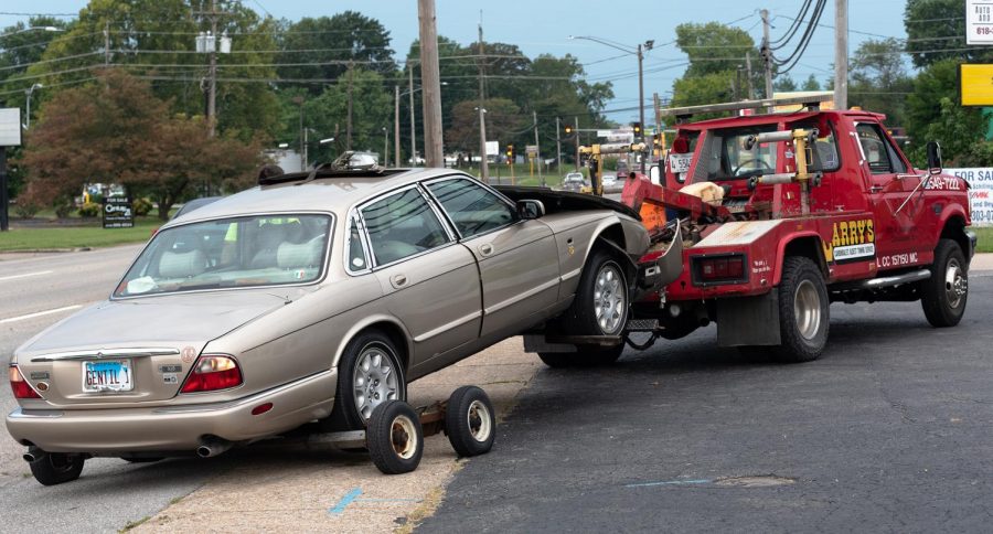 A car being totaled after a wreck in University Place Shopping Center, Carbondale, ILL, August 31, 2020. The tow truck driver confirmed that this car was one of the cars that were involved in the accident. 