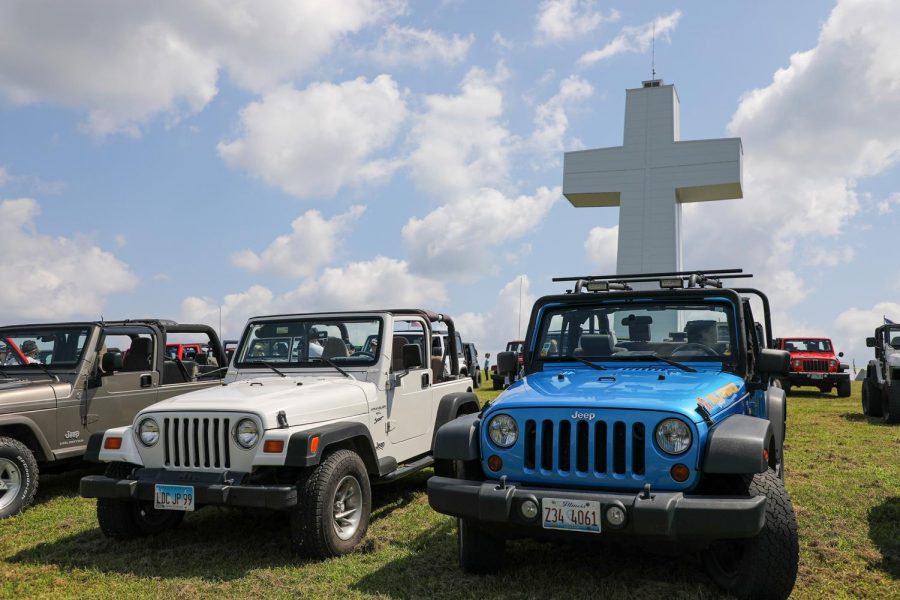 Jeeps line up for a blessing Aug. 15, 2020 at Bald Knob Cross in Alto Pass Il.