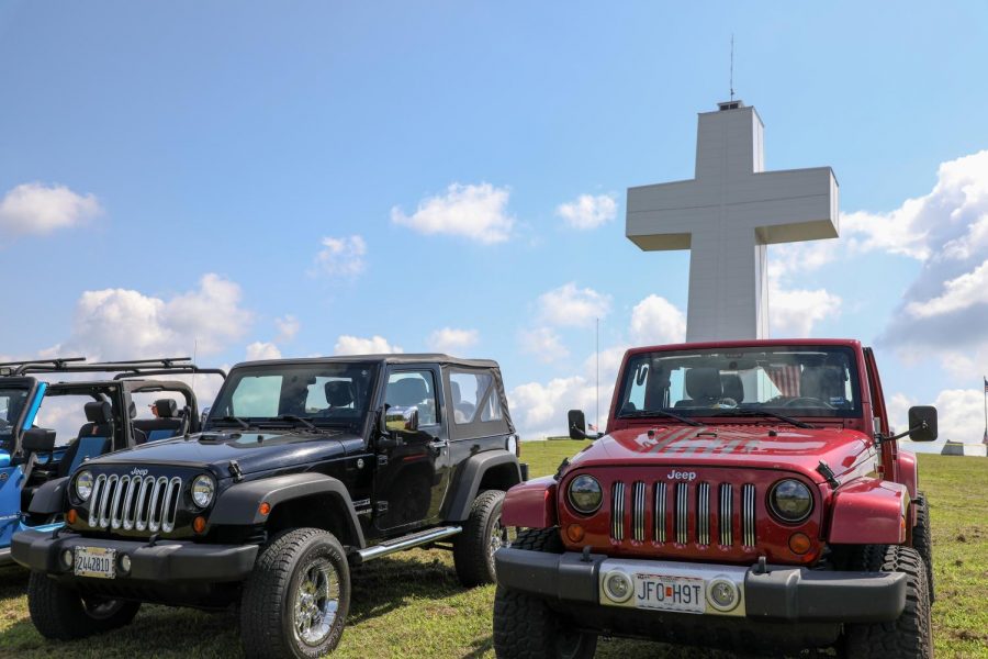 The first row of Jeeps gather on the hillside of Bald Knob Cross of Peace for the Blessing of the Jeeps event on Aug. 15, 2020