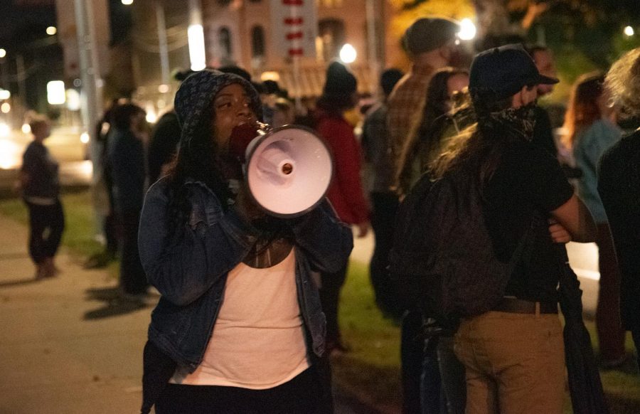 Emerald Avril rallies the protesters on September 25, 2020, in Carbondale, ILL.