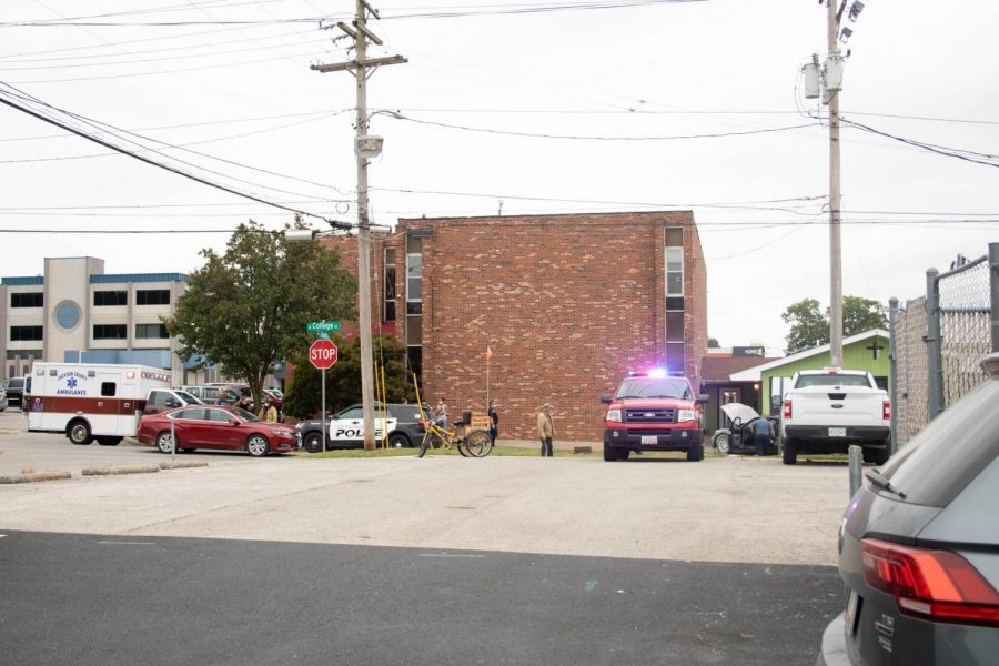 First responders arrive at the scene of a car crash near Happy Hair, a beauty shop in Carbondale, IL. on Friday, Sept. 25, 2020.