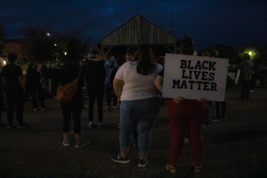 Protesters gather for speeches during the Black Lives Matter protest on September 25, 2020 in Carbondale, Ill.