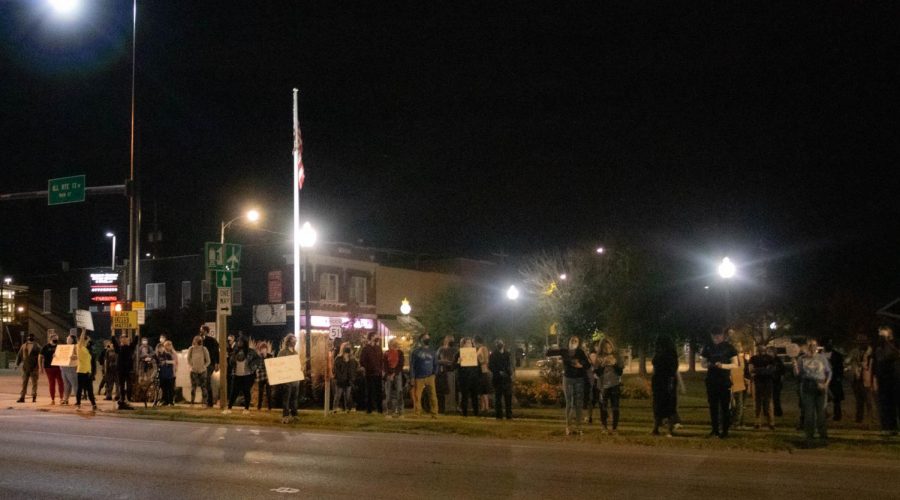 Protesters gather outside of the pavilion in Carbondale, Ill. on September 25, 2020.