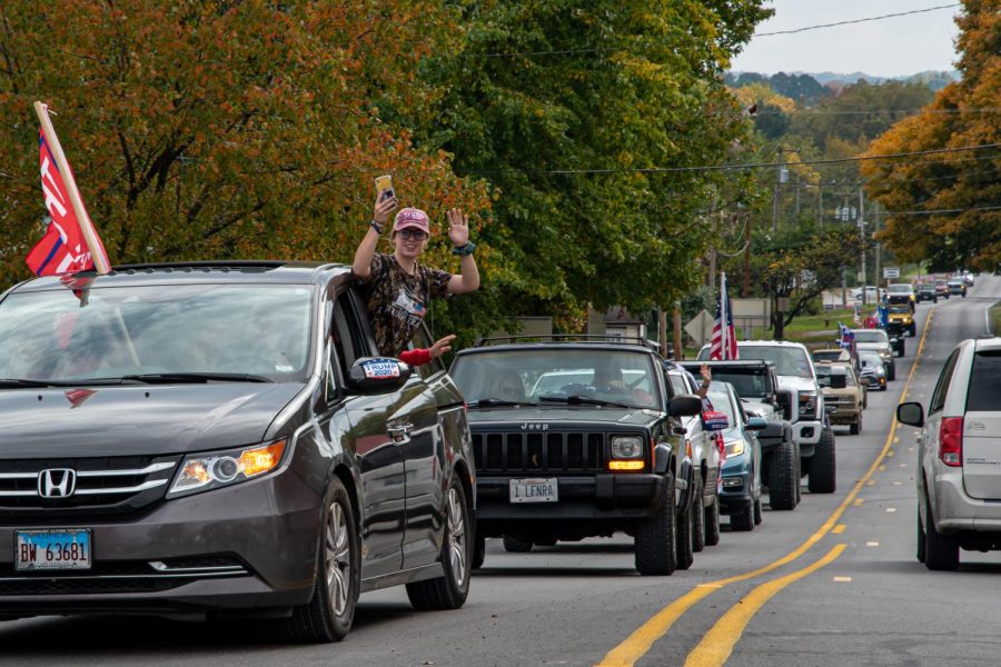 A line of Trump supporters make their way through Union county during the Trump Train in Anna, Ill., on Saturday, Oct. 10, 2020. The convoy drove through ten towns within Union county and finished back in Anna, Ill.