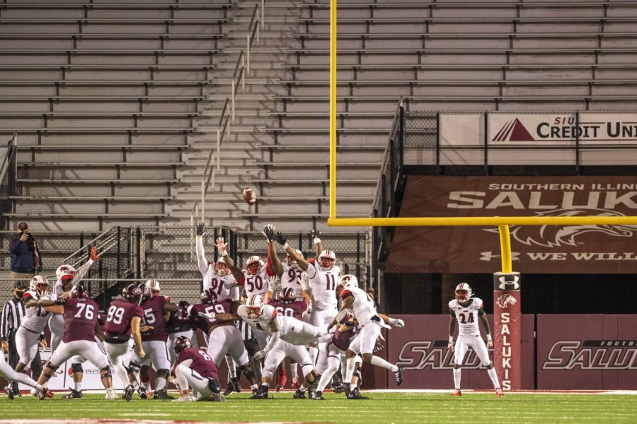 SIU kicker, Nico Gualdoni, kicks a field goal for the extra point attempt to give SIU the win. Gualdoni went 2 for 2 in field goals including this game winning 27-yard field goal during the Salukis 20-17 win over the Redhawks on Friday, Oct. 30, 2020 at Saluki Stadium in Carbondale, Ill. 