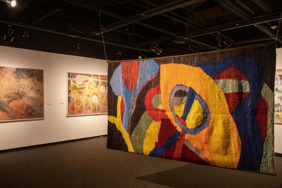 The SIU art museum features an exhibit filled with Richard Cox’s recent artwork on Wednesday, Sept. 9, 2020, in Carbondale, ILL. Cox weaved together wool, hand-dyed, and mohair to create “No Title.”