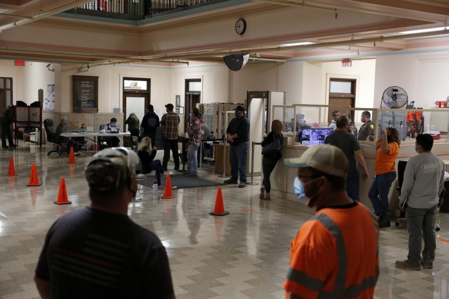 Last-minute voters wait in line at the Jackson County Courthouse in Murphysboro on election day, Tuesday, Nov. 3, 2020.