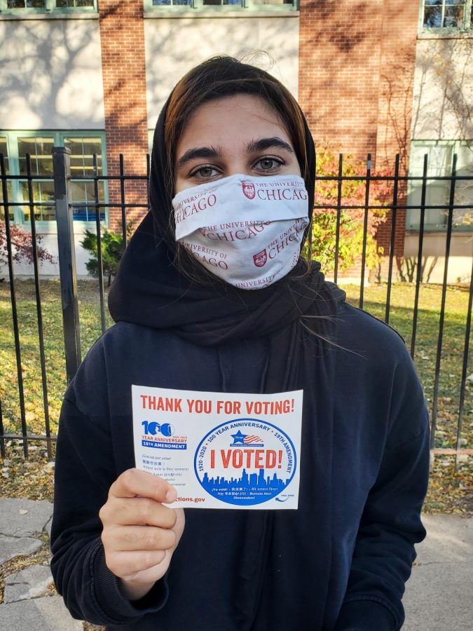 Rida Mohammed, 18, poses after voting for the first time Sept. 3, 2020, at Hyde Park in Chicago, Ill. 