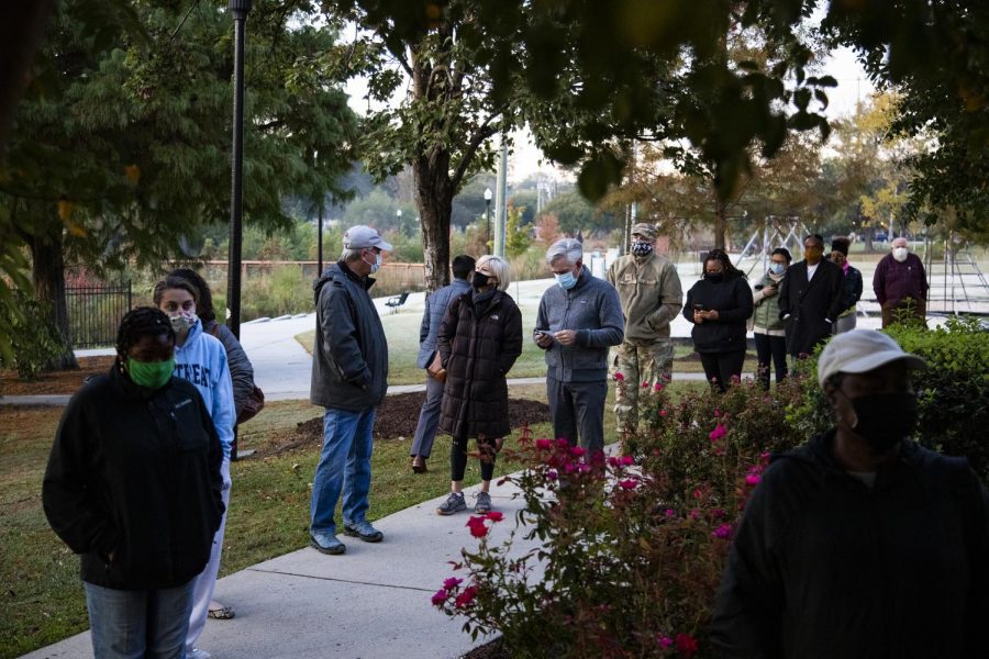 Voters wait outside the Martin Luther King Park in Columbia, South Carolina on Tuesday, Nov. 3, 2020.
