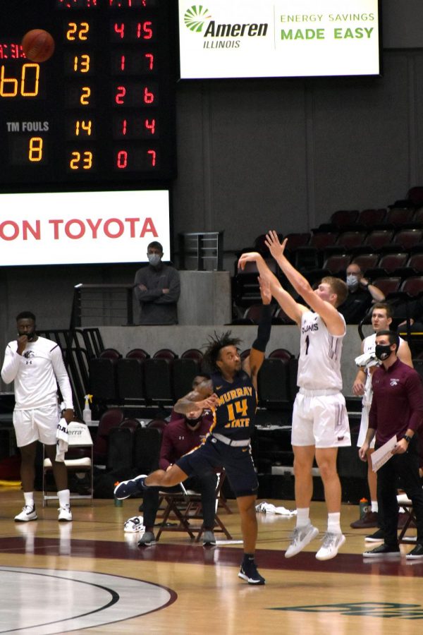 Marcus Domask takes a shot in the Murray State game Friday, Dec. 11, 2020, at the SIU Banterra Center in Carbondale Ill. SIU won with a final score of 70-66.