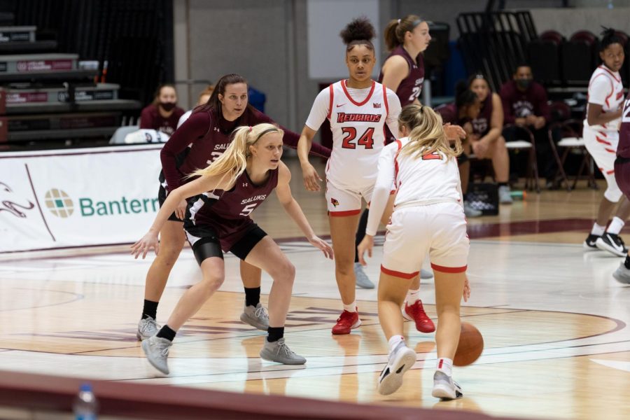Caitlin Link (5) guards an Illinois 
State player during the game against Illinois State on Saturday, Feb. 6, 2021, in the Banterra Center at SIU. 