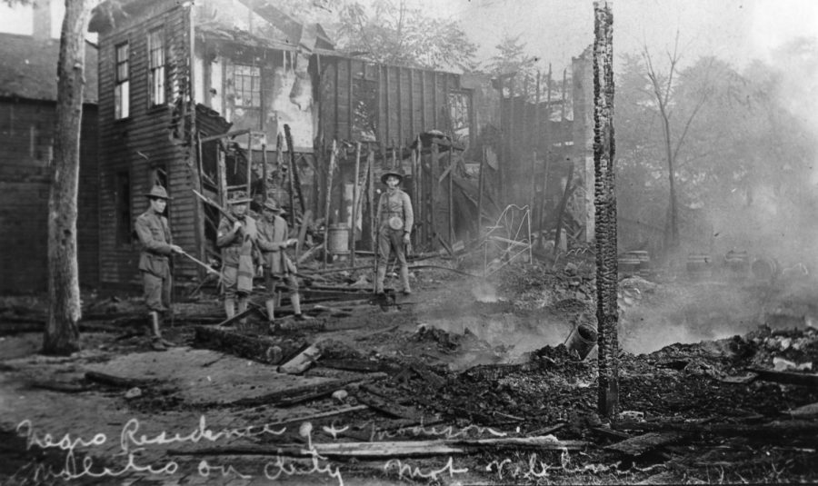 House destroyed in riot. Photo courtesy of the Sangamon Valley Collection at Lincoln Library.