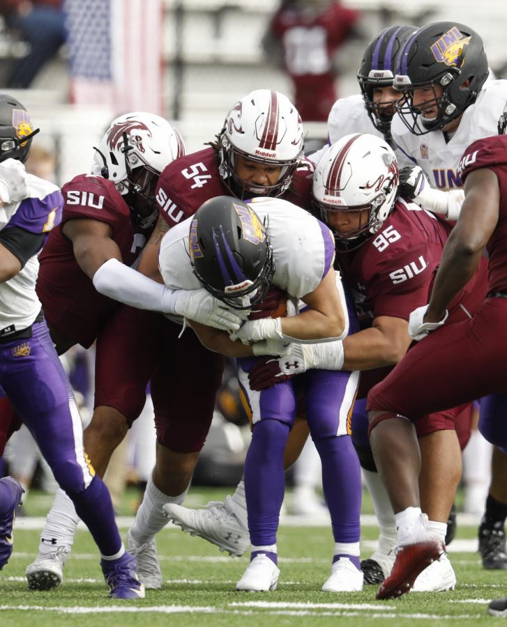 SIU’s defense smothers the Panthers’ running game during Saturday’s home game win by the score of 17-16, Saturday, March 13, 2021.