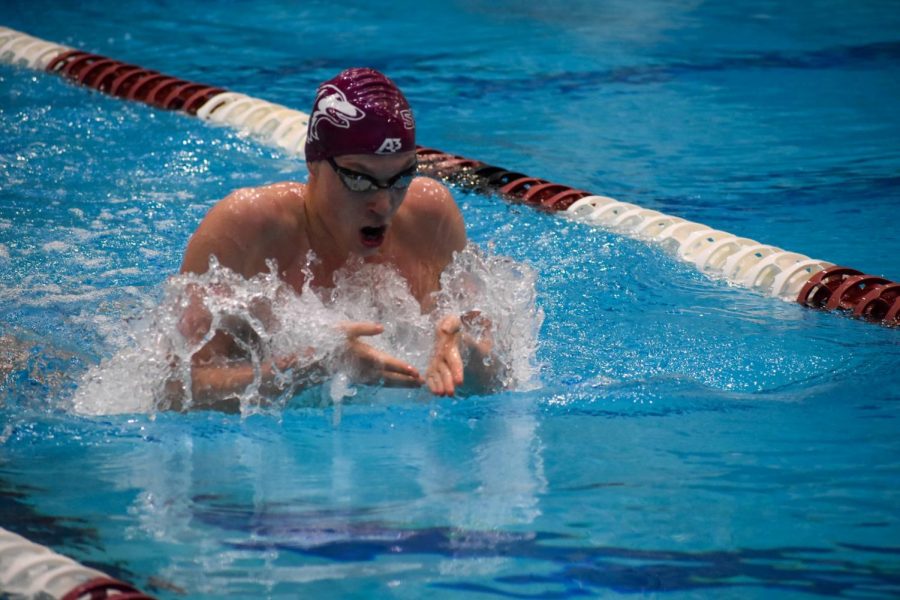Freshman, Gustav Persson, swims the mens 200-breast stroke on Friday, March 19, 2021 in Carbondale, Ill. 